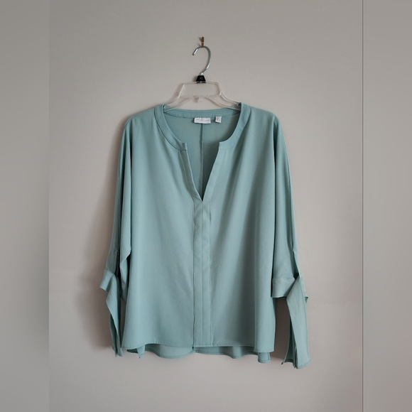 New York & Company Turquois Tie-Sleeve Loose Fit Blouse - Picture 1 of 4